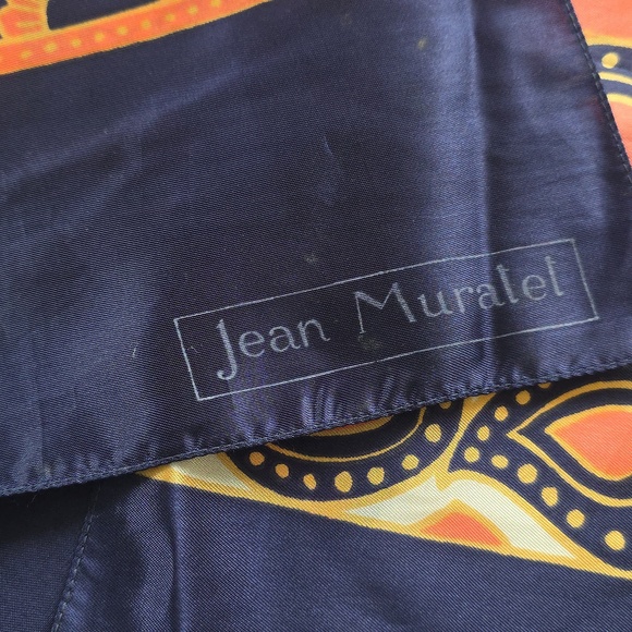 Jean Muratel Silk Oblong Scarf 15x59  Coral Navy Paisley Vintage Designer - Picture 2 of 5